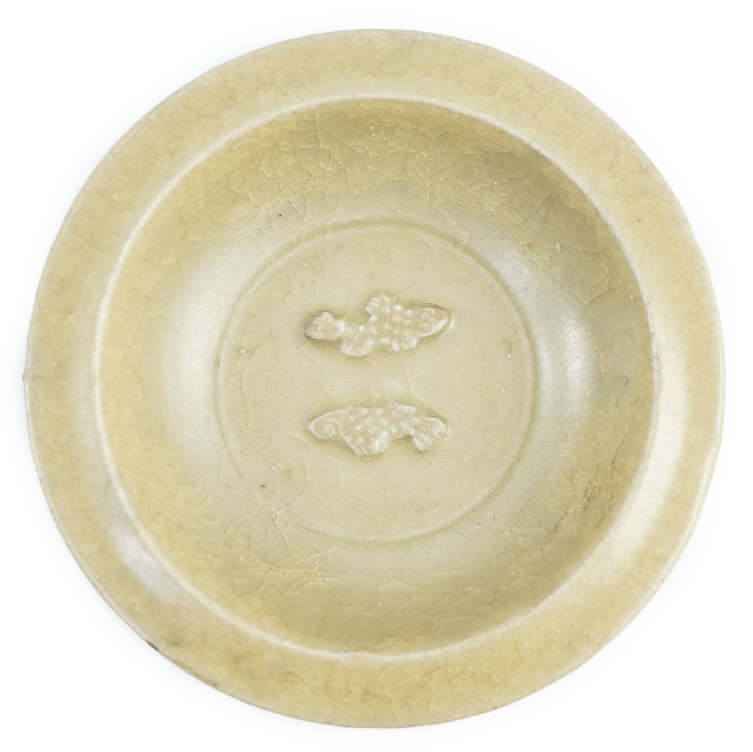A small Chinese Longquan ‘golden’ celadon ‘twin-fish’ marriage dish, Southern Song-Yuan dynasty, 12cm diameter